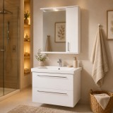 Set mobilier baie suspendat, cu lavoar ceramic, GN0541, front MDF, 60 cm, 2 sertare, glisiere soft close si oglinda cu dulap GN0201, dreptunghiulara,