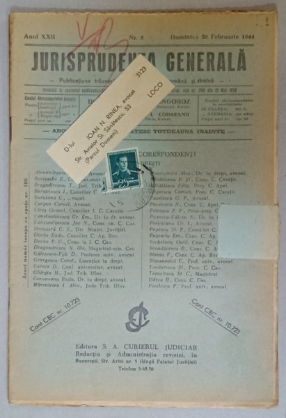JURISPRUDENTA GENERALA , PUBLICATIUNE TRILUNARA DE JURISPRUDENTA ROMANA SI STRAINA , NR.5, 1944
