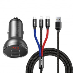 Încărcător auto 2xUSB 48A 24W cu LCD + cablu 3in1 USB - USB-C/micro USB/Lightning 12m Baseus