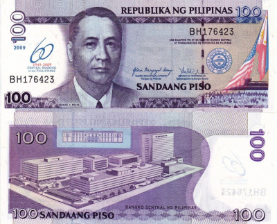 FILIPINE 100 piso 2009 COMEMORATIVA (BANCA CENTRALA 60 ANI) UNC!!! foto