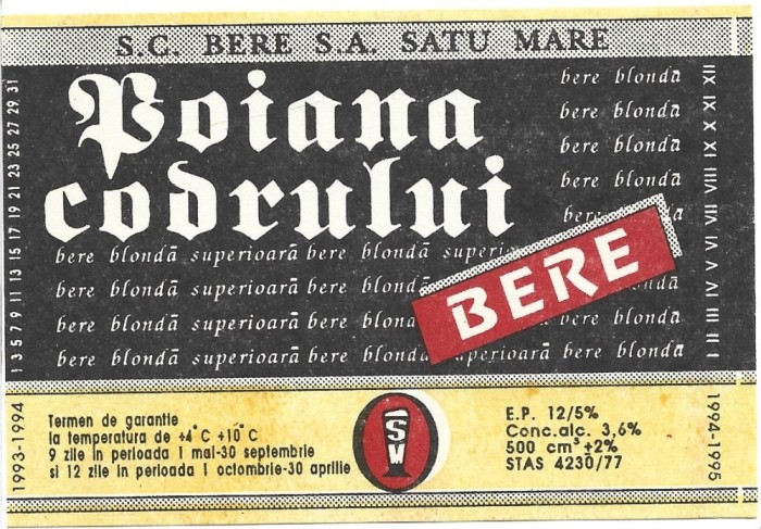 NI432 Etichetă bere Poiana codrului, 1994-1995, SC Bere SA Satu Mare