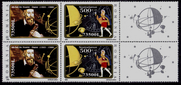 RO 2003/LP 1614b,&quot;500 ani Nostradamus&quot; bloc de 2 serii+2 viniete , MNH