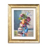 Tablou inramat pictat manual, Vaza cu flori, stilizat, 33x27cm ulei pe panza in cutit efect 3D, Geo Ungureanu