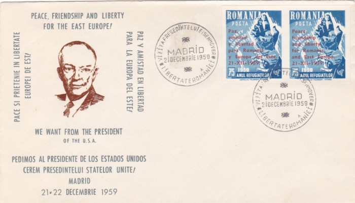 1959 Exil Romania, FDC pereche dt. Eisenhower, supratipar bilingv, Emisiunea 20