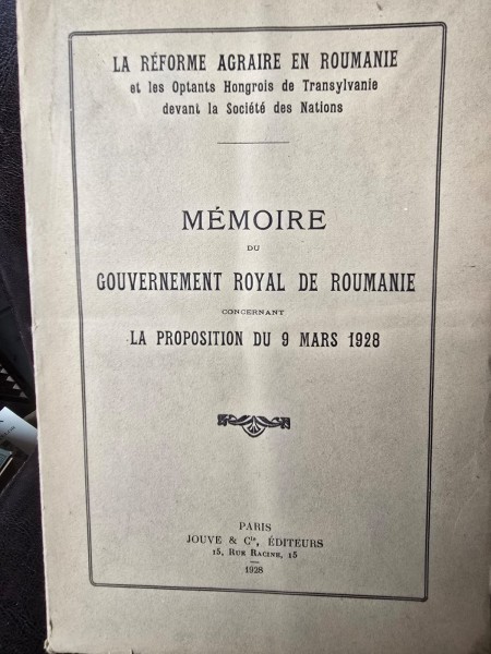 Memoire du Gouvernement Royal de Roumanie concernant la proposition du 9 Mars 1928 Dans l affaire des optants honogrois de transylvanie - N. Titulesco