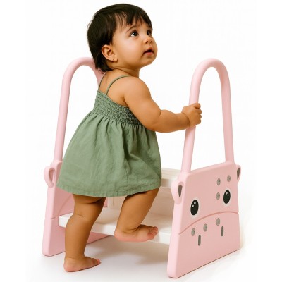 Scaunel Inaltator pentru Copii Tip Scara cu Manere Linomag&amp;reg;, Doua Trepte, cu Suprafata Antialunecare, pentru WC, Baie si Bucatarie, 61x40x46cm, Roz / foto