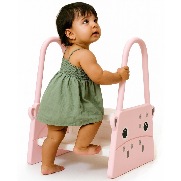 Scaunel Inaltator pentru Copii Tip Scara cu Manere Linomag&reg;, Doua Trepte, cu Suprafata Antialunecare, pentru WC, Baie si Bucatarie, 61x40x46cm, Roz /