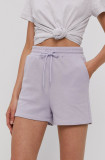 Pieces Pantaloni scurți femei, culoarea violet, material neted, high waist