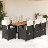 VidaXL Set mobilier de grădină cu perne, 9 piese, negru, poliratan