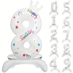 Balon din Folie Metalizata, Cyrax, Figurina Cifra, Model 8 cu Happy Birthday Scris, Tema Aniversare 81 cm, Ambalaj Individual, Pai Inclus, Umflare cu