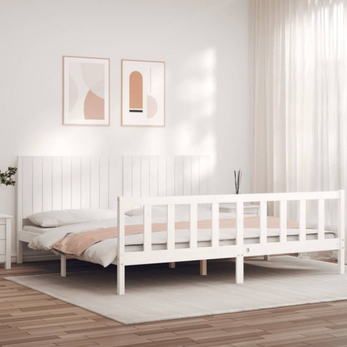 Gossi cadru pat cu tablie 200x200 cm, alb, lemn masiv