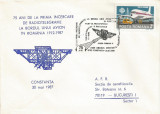 Rom&acirc;nia, 75 ani de la prima radiotelegrafie din avion, plic, Constanţa, 1987