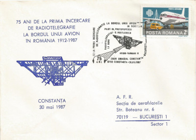 Rom&amp;acirc;nia, 75 ani de la prima radiotelegrafie din avion, plic, Constanţa, 1987 foto