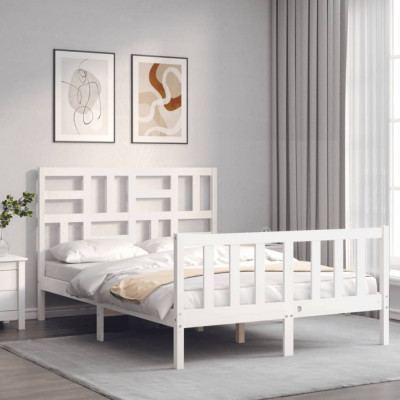 vidaXL Cadru de pat cu tăblie, dublu, alb, lemn masiv foto
