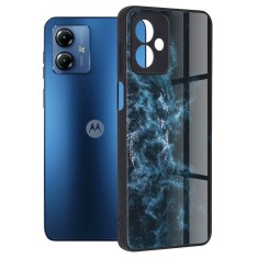 Husa telefon compatibila motorola moto g14, glass spate din sticla securizata, blue nebula