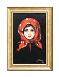 Tablou pictat manual inramat, Fetita cu basma rosie (3) - 35x25cm ulei panza, reproducere Nicolae Grigorescu