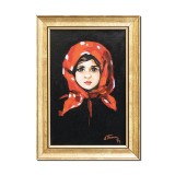 Tablou pictat manual inramat, Fetita cu basma rosie (3) - 35x25cm ulei panza, reproducere Nicolae Grigorescu
