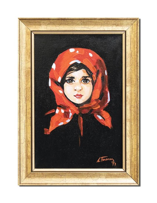 Tablou celebu inramat pictat manual, Fetita cu basma rosie, 35x25cm ulei panza, reproducere Nicolae Grigorescu
