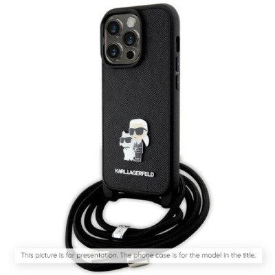 Husa pentru iPhone 16 Pro Max - Karl Lagerfeld Saffiano Crossbody (KLHCP16XSAKCPBK) - Metal Pin Karl&amp;amp;Choupette foto