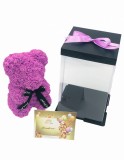 Urs floral roz, personalizabil cu felicitare personalizabila, Eventissimi, ursulet decorat manual cu trandafiri de spuma, Teddy Bear 25 cm, cutie deco, Eventissimi&reg;