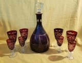 DECANTOR+8 PAHARE-4 MEDII+4 MICI DIN CRISTALROSU RUBINIU-ROMANIA ANII 70-80