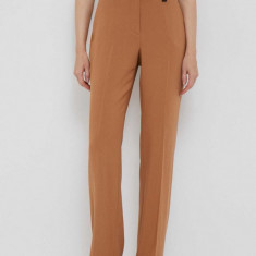 Dkny pantaloni femei, culoarea maro, drept, high waist