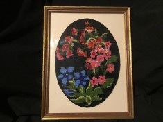 arta / design / vintage - Tablou goblen / cusatura flori in rama de lemn !