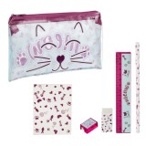 Set Școlar cu Penar Transparent Model Pisică, 6 Piese, Mov, CMCLASS