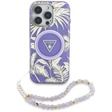 Husa pentru iPhone 16 Pro - Guess IML Palm Trees Triangle with Pearl Strap MagSafe (GUHMP16LHPCTPLSU) - Purple