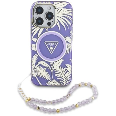 Husa pentru iPhone 16 Pro - Guess IML Palm Trees Triangle with Pearl Strap MagSafe (GUHMP16LHPCTPLSU) - Purple foto