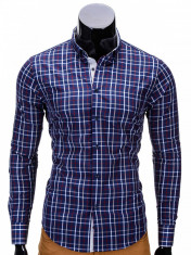 Camasa pentru barbati, bleumarin, in carouri, slim fit, casual, elastica, cu guler - k327 foto