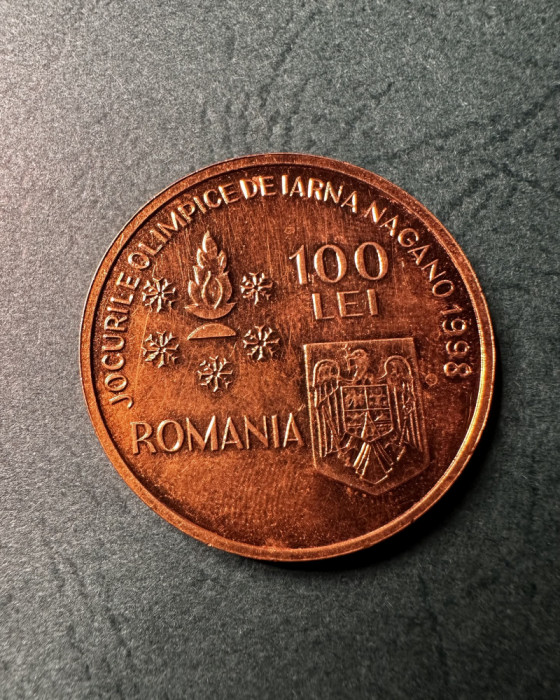 100 Lei 1998 PROBA cu EROARE Jocurile Olimpice de iarna Nagano Patinaj Tombac