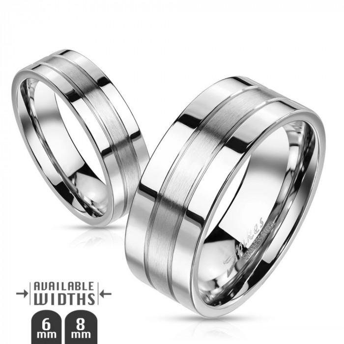 Inel din oțel - bandă argintie cu două caneluri, mat și lucios - Marime inel: 54