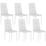 HOMCOM Set de 6 Scaune de Dining Tapizate &icirc;n PU cu Spătar &Icirc;nalt cu Butoane și Picioroare de Oțel Design Modern Alb | Aosom Romania