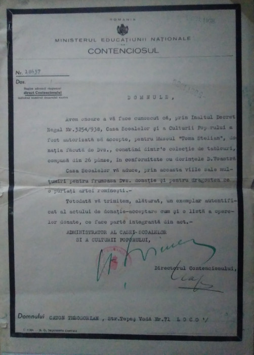 Acte donatie tablouri pictori rom&acirc;ni către Muzeul Toma Stelian - 1938