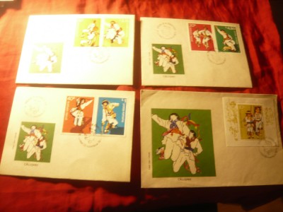 FDC Romania 1977 Calusarii - 3 plicuri cu seria si 1 plic Colita foto