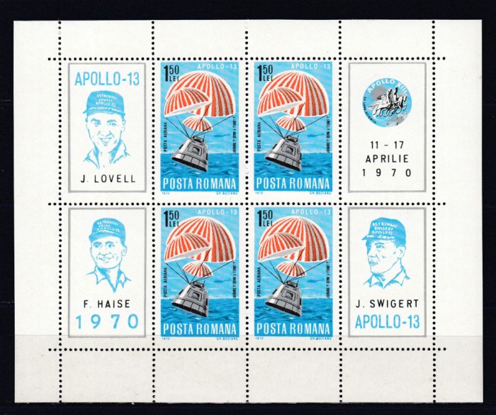ROMANIA 1970 LP 732 a APOLLO 13 BLOC DE 4 TIMBRE CU 4 VINIETE MNH