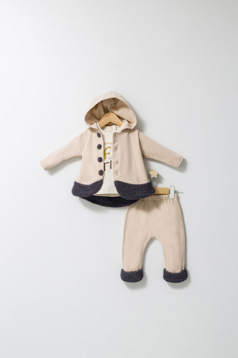 Set 3 piese: pantaloni, bluzita si hainuta cu gluga eleganta pentru bebelusi Fun Penguin, Tongs baby (Culoare: Crem, Marime: 9-12 luni)