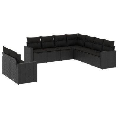 Set mobilier de gradina cu perne, 9 piese, negru, poliratan foto