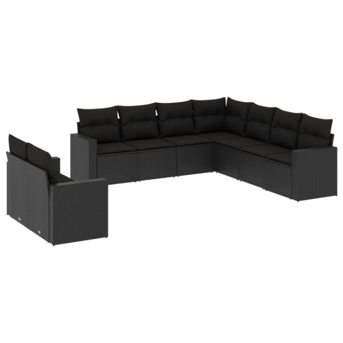 Set mobilier de gradina cu perne, 9 piese, negru, poliratan