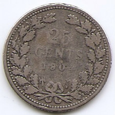 Olanda 25 Cents 1904 - Wilhelmina, Argint 3.575 g.640, 19 mm KM-120.2