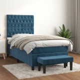 vidaXL Pat box spring cu saltea, albastru &icirc;nchis, 90x200 cm, catifea