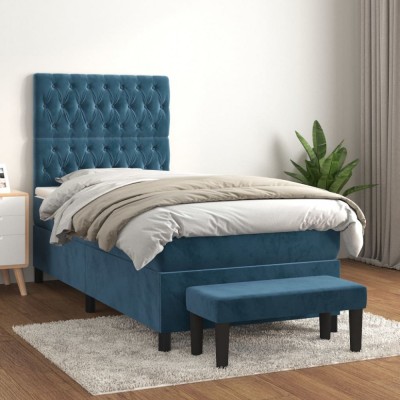 vidaXL Pat box spring cu saltea, albastru &amp;icirc;nchis, 90x200 cm, catifea 3138005 foto