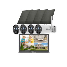 Sistem Supraveghere 4 Camere Exterior Wireless Profesional cu Incarcare Solara, 4 Canale HD 4MP Wireless Monitor LCD IR 30m