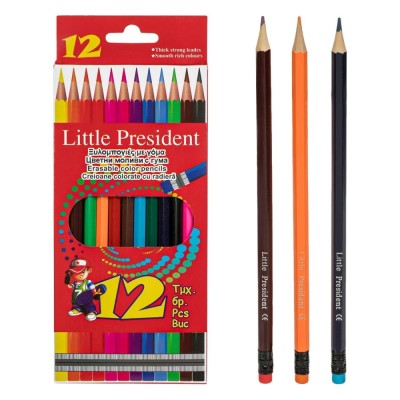 Set Creioane Colorate Little President, 12 Bucăți, Cu Radieră, Multicolor foto