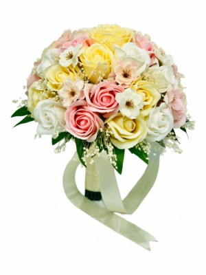 Buchet mare personalizabil cu trandafiri, flori de cires si floarea miresei (Alb, Multicolor) foto