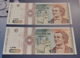 Rom&acirc;nia 1000 Lei 1991 UNC din fisic consecutive fără punct