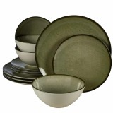 Set farfurii 12 piese, Earth Green, Alb Ivoire lucios cu verde
