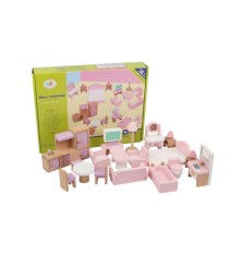 Set mobilier de jucarie din lemn pentru Casuta Papusilor, 22 piese, roz