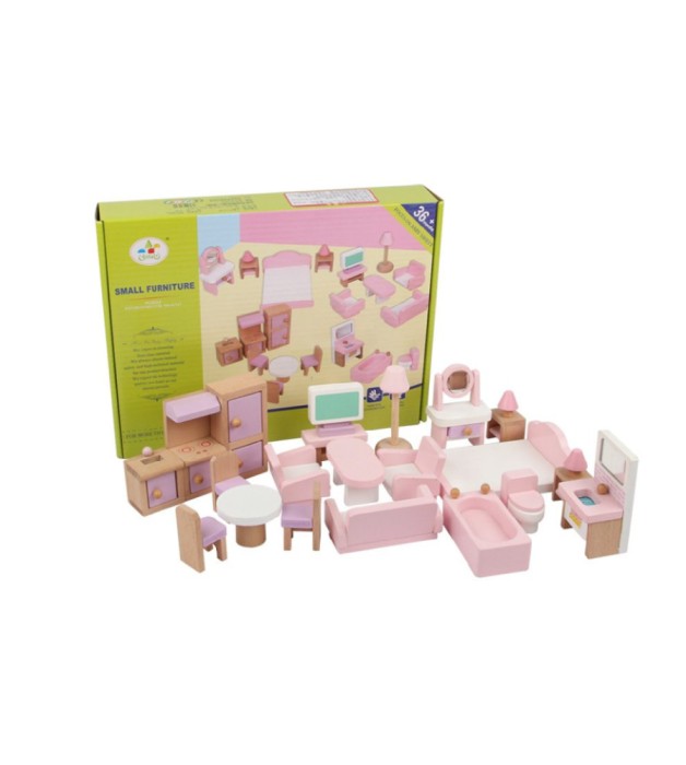 Set mobilier de jucarie din lemn pentru Casuta Papusilor, 22 piese, roz